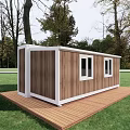 Modern Small Garden Cabin With White Door Wooden Platform And Outdoor Furniture