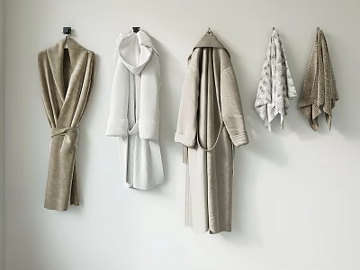 Soft and Cozy Bathroom Accessories Hanging Robes and Towels in Various Neutral Colors on Wall 3d model