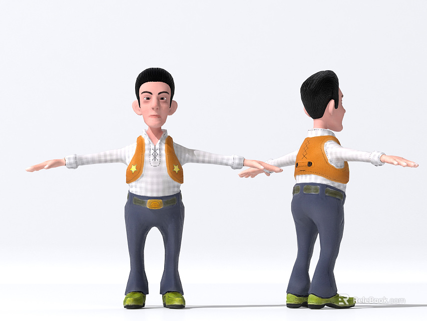 3D Reptile Character Front And Back Views Wearing Vest With Open Arms On White Background 3d model 