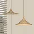 Woven Pendant Lights In Natural Rattan Conical Shape With Soft Natural Light And Window Blinds