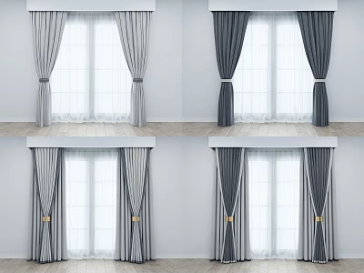 Gray and Dark Gray Linen Blend Curtains with Tiebacks Sheer White Panels Window Treatment 3d model