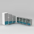 Modern White And Blue Bookcase Design With Glass Doors And Metal Frame Compartments
