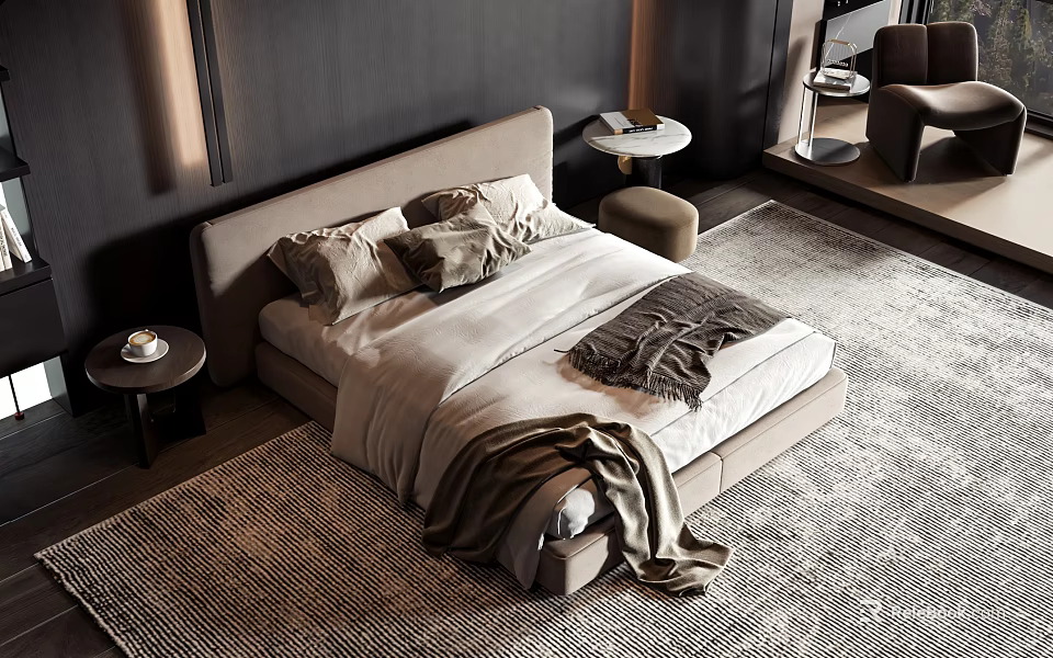 Modern Bedroom Double Bed With Beige Headboard Beige Sheets Gray Blanket And Rug 3d model 