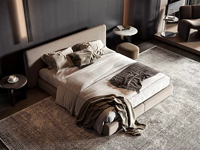 Modern Bedroom Double Bed With Beige Headboard Beige Sheets Gray Blanket And Rug 3d model