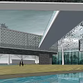 Modern Greenland Group Sales Office Building With Glass Curtain Wall And Surrounding Landscaping Trees