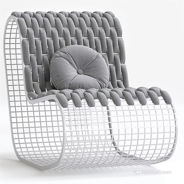 Modern Woven Leisure Chair With White Grid Frame And Gray Round Cushion 3d model 