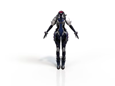 Woman Wearing Black And Blue Armor With Silver Accents Standing In Back View Warrior Pose 3d model