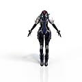 Woman Wearing Black And Blue Armor With Silver Accents Standing In Back View Warrior Pose