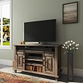 Rustic Wooden TV Stand With Storage Cabinets And Decorative Items By Window 3d model