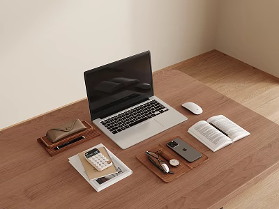 Wooden Desk Workspace With Laptop Open Book Calculator Mobile Phone And Stationery 3d model