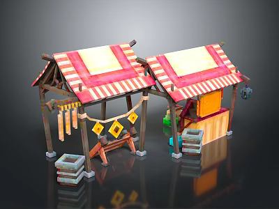 Modern Street Market Stalls With Red White Striped Roofs And Wooden Crates 3d model