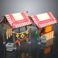 Modern Street Market Stalls With Red White Striped Roofs And Wooden Crates