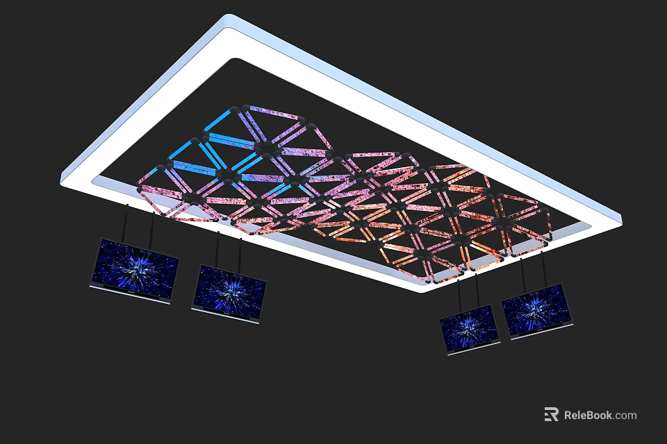 Modern Ceiling Design With Colorful Geometric Patterns And Hanging Decorative Lights 3d model 