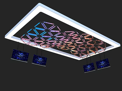 Modern Ceiling Design With Colorful Geometric Patterns And Hanging Decorative Lights 3d model