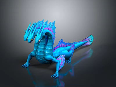 Mystical Blue Dragon Creature With Multiple Heads Purple Scales Limbs And Tail On Black Background 3d model