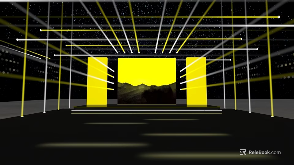 Stage With Starry Sky Background Overhead Yellow Lights Yellow Side Curtains Central Painting Ground Shadows 3d model 