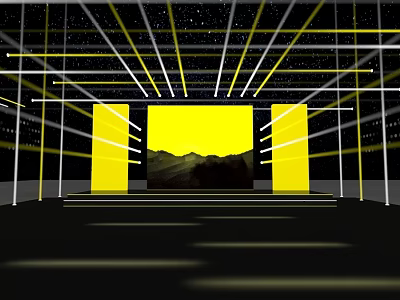 Stage With Starry Sky Background Overhead Yellow Lights Yellow Side Curtains Central Painting Ground Shadows 3d model