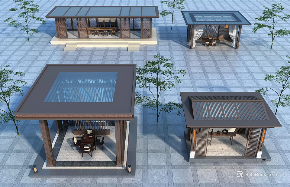 Modern Outdoor Square-Shaped Pavilions with Glass Roofs and Wooden Structures in Courtyard 3d model 
