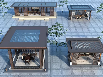 Modern Outdoor Square-Shaped Pavilions with Glass Roofs and Wooden Structures in Courtyard 3d model