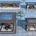 Modern Outdoor Square-Shaped Pavilions with Glass Roofs and Wooden Structures in Courtyard