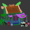 Ancient Traditional Building With Tiled Roof Wooden Structure Stall Lantern And Fruit Baskets