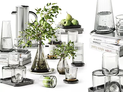 Wine Bottles And Glasses On Home Table With Green Plants Pears And Books 3d model