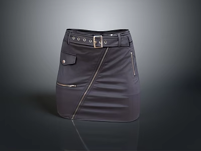 Fashionable Black Skirt With Belt Metal Buckle Side Zipper And Pockets 3d model