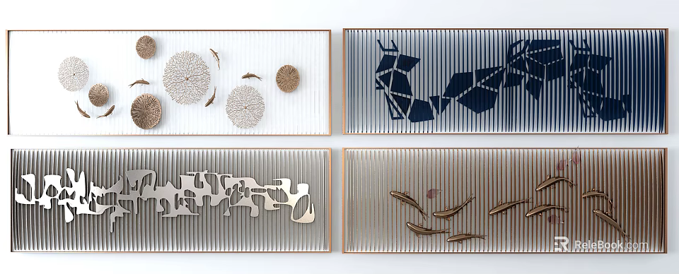 Four Decorative Wall Panels With Geometric Patterns Fish Motifs And Gold Frames 3d model