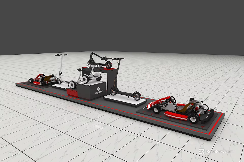 Sports Equipment Display Featuring Go Karts And Racing Gear On Platform 3d model 