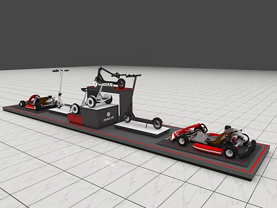 Sports Equipment Display Featuring Go Karts And Racing Gear On Platform 3d model