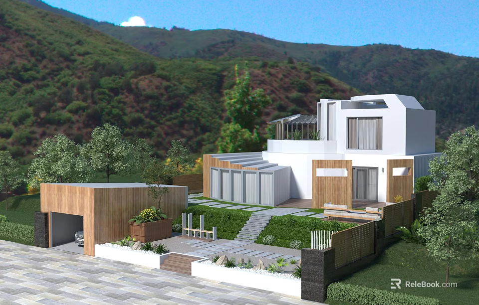 Modern White Guesthouse Building With Courtyard Wooden Elements And Mountain View 3d model 