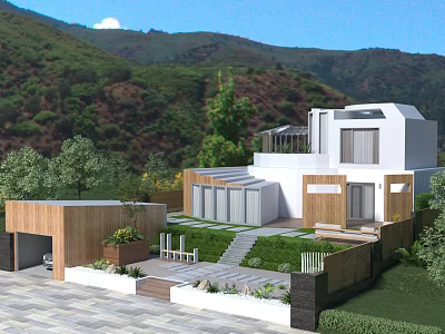 Modern White Guesthouse Building With Courtyard Wooden Elements And Mountain View 3d model