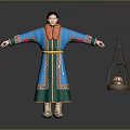 Traditional Ornate Blue Green Robed Character With Hanging Basket Holding Small Creature