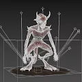 Red Horned Demon Game Movie Character with Sharp Teeth Claws Standing on Rock Base