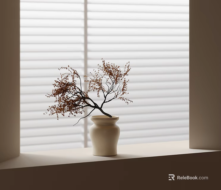 Elegant White Vase with Red Branches Placed on Windowsill Against White Blinds 3d model