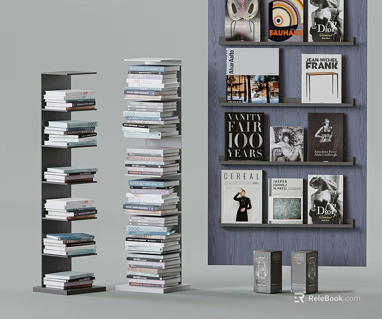 Stylish Bookshelf Featuring Stacked Books Magazines Black And White Photos And Decorative Boxes 3d model 