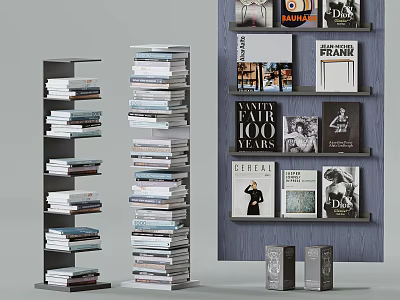 Stylish Bookshelf Featuring Stacked Books Magazines Black And White Photos And Decorative Boxes 3d model