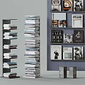 Stylish Bookshelf Featuring Stacked Books Magazines Black And White Photos And Decorative Boxes
