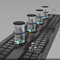 Industrial Cylindrical Devices Array on Platform With Cables Green Indicators and Stacked Containers