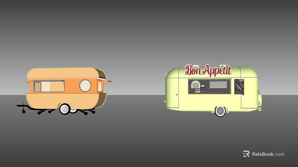 Vintage Food Trucks In Orange And Yellow With Bon Appetit Signage 3d model 
