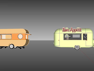 Vintage Food Trucks In Orange And Yellow With Bon Appetit Signage 3d model