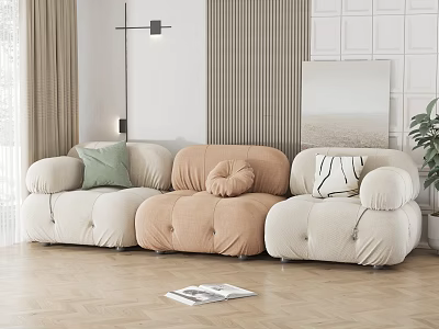 Modern Three Seater Sofa With Cushions In Minimalist Living Room 3d model