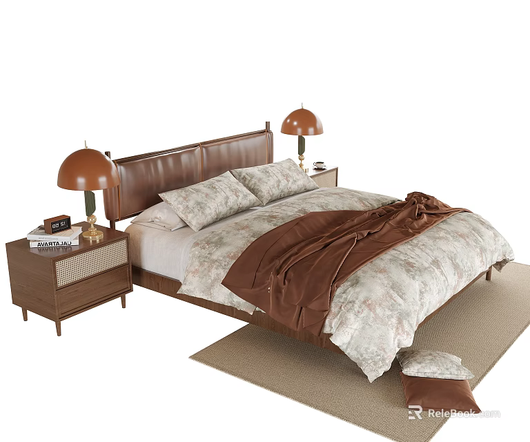 Double Bed with Leather Headboard Wooden Nightstands Brass Lamps Beige Brown Bedding and Rug 3d model 