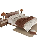 Double Bed with Leather Headboard Wooden Nightstands Brass Lamps Beige Brown Bedding and Rug