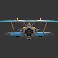 3D Rendered Blue Passenger Plane Toy With Yellow Gray Details Propeller And Wings