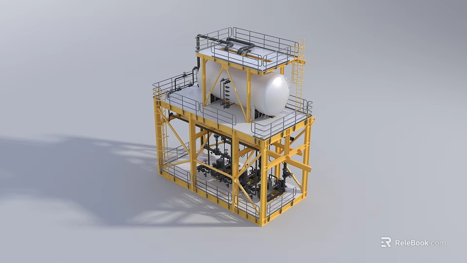 Industrial Equipment Structure Featuring Yellow Metal Framework White Storage Tank Pipes And Platforms 3d model 