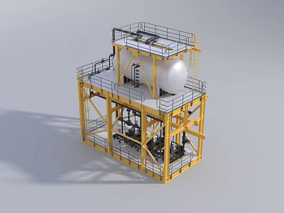 Industrial Equipment Structure Featuring Yellow Metal Framework White Storage Tank Pipes And Platforms 3d model