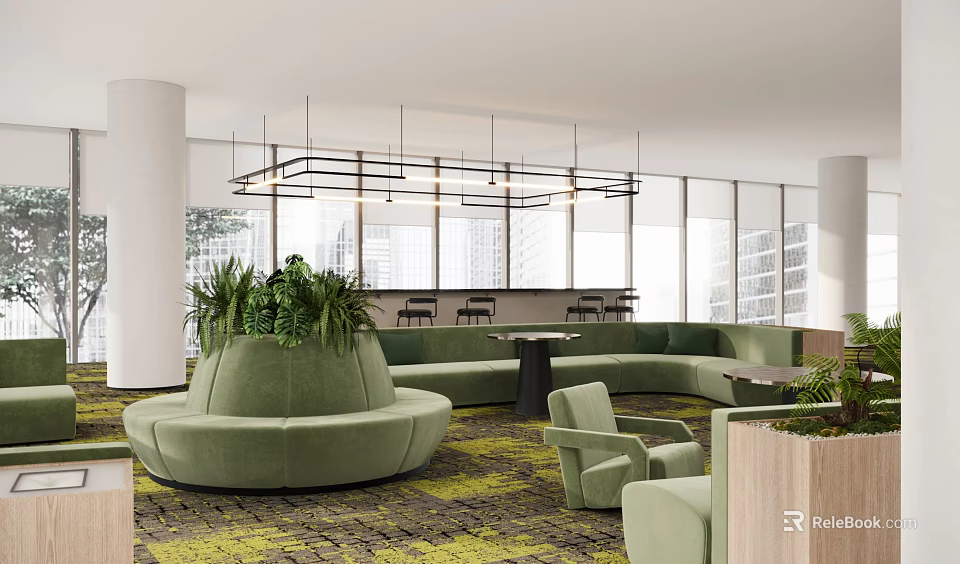 Modern Café Interior With Green Round Sofas Pendant Lights And Large Windows Design 3d model