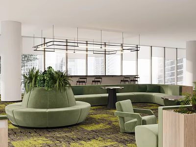 Modern Café Interior With Green Round Sofas Pendant Lights And Large Windows Design 3d model