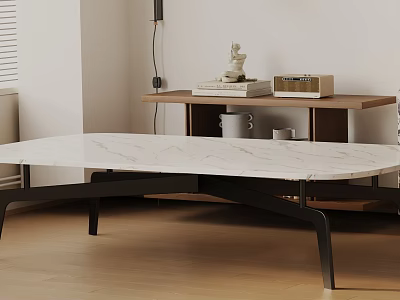 Modern Coffee Table With White Marble Top And Black Metal Frame In Living Room 3d model